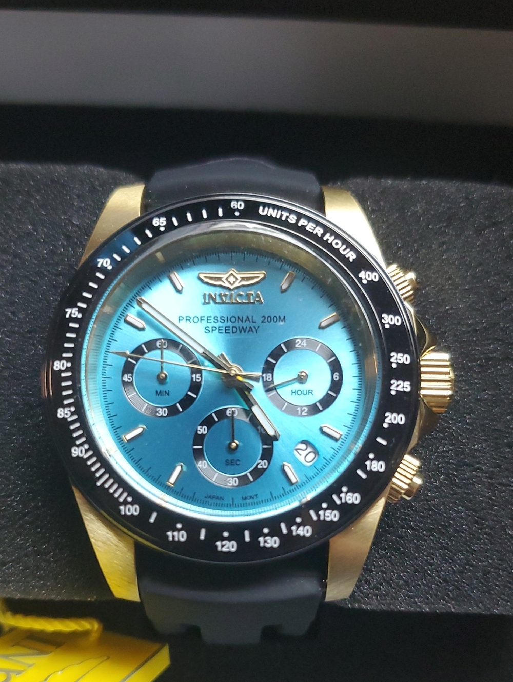 Invicta Men’s Speedway Gold Case Blue Dial Black Strap Swim Watch
